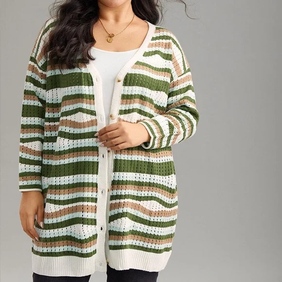 BLOOMCHIC Striped Contrast Button Up Hollow Out Cardigan Size 5X NEW - Picture 3 of 16